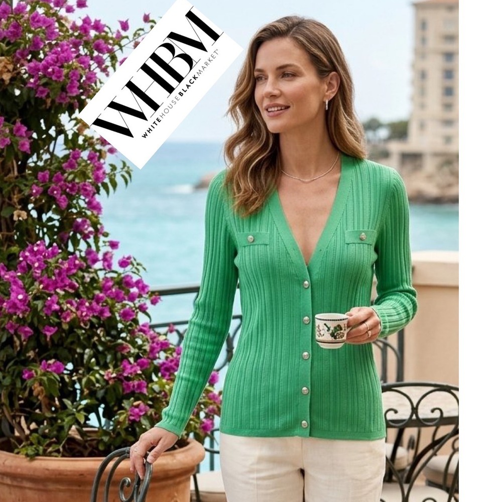 White House Black Market Green Ribbed V-Neck Button Front Cardigan Sweater M